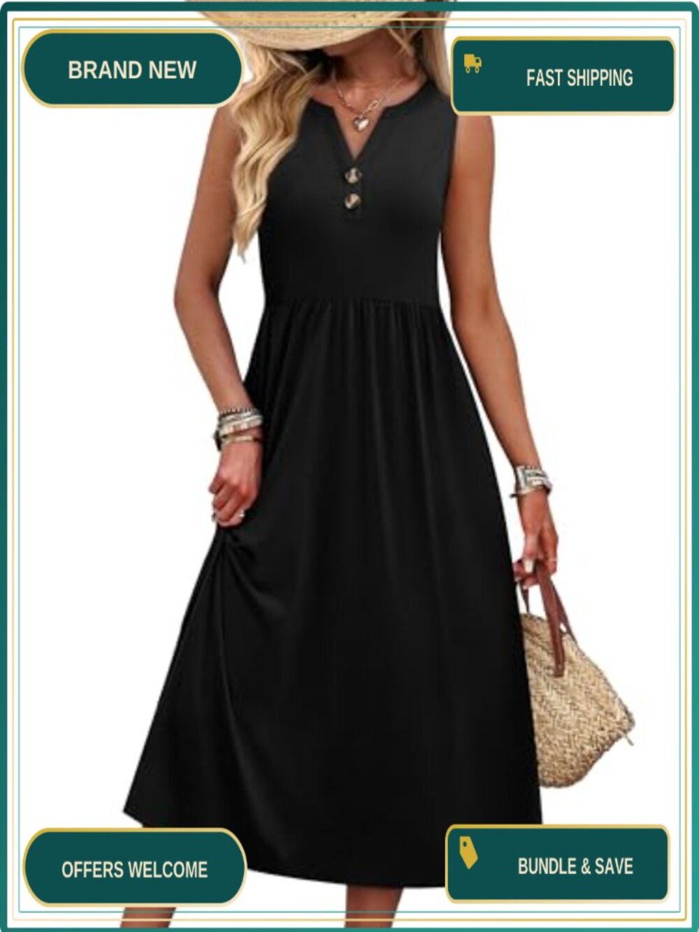 Women's Maxi Dress V-Neck Sleeveless with Pockets Summer Beach Casual